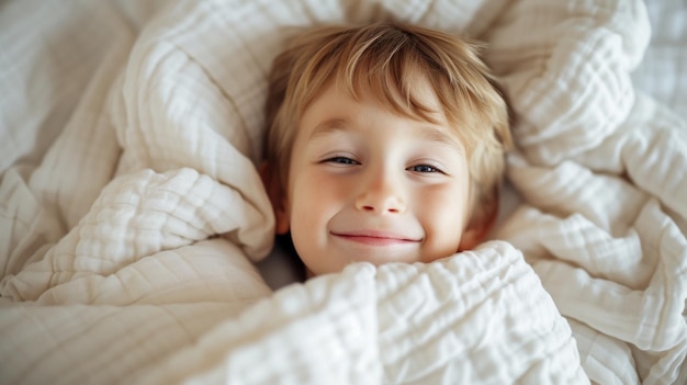 ein süßes kleines Kind, das in einer warmen weißen Decke auf einem Bett liegt