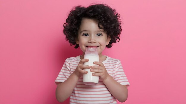 Ein süßes kleines Kind trinkt ganze weiße Milch und lächelt auf Rosa