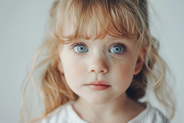Ein süßes kleines Mädchen auf einem weißen Hintergrund aus der Nähe
