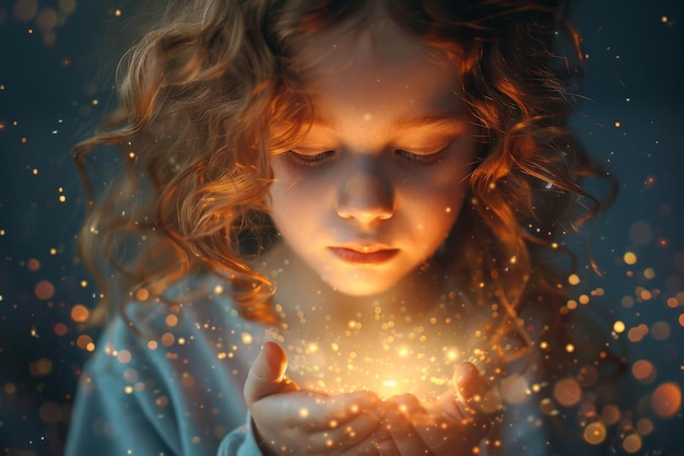 Ein süßes kleines Mädchen, das auf mysteriöse Funkeln und Blitze in ihren ausgestreckten Händen schaut, ein verzaubertes Kind, das auf Urlaubsmagie wartet, ein mysteriöser kosmischer Hintergrund mit Bokeh-Effekt.