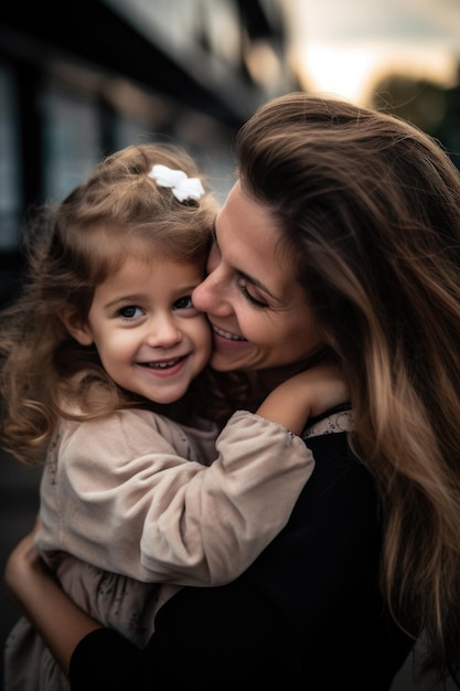 Ein süßes kleines Mädchen gibt seiner Mutter eine Umarmung, die mit generativer KI erstellt wurde