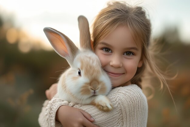 ein süßes kleines Mädchen hält und umarmt ein flauschiges Kaninchen in den Armen, ein Haustier im Freien, ein Osterhase