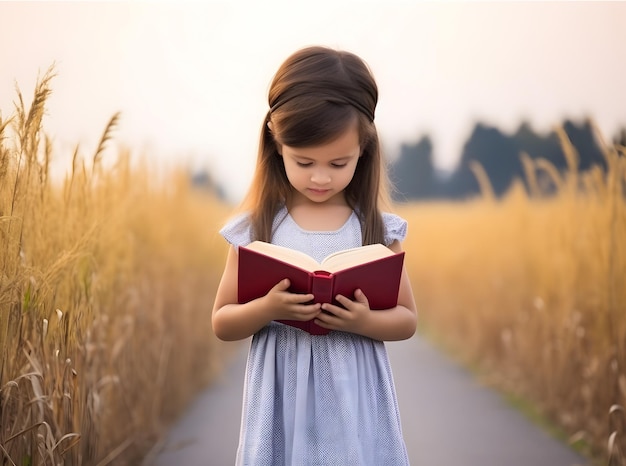 Ein süßes kleines Mädchen liest eine heilige Bibel auf dem Land.