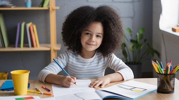 Ein süßes kleines Mädchen macht Hausaufgaben, liest ein Buch, malt Seiten, schreibt und malt.