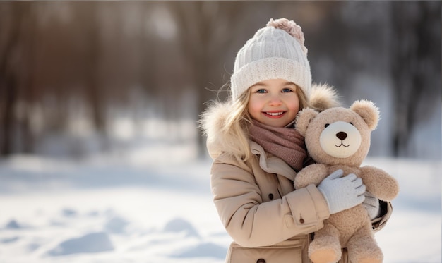 Ein süßes kleines Mädchen mit einem Teddybären Bei kaltem Wetter und Schneefall Winterferien Weihnachtsreise