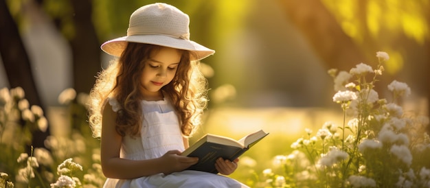 Ein süßes kleines Mädchen mit Hut sitzt auf dem Gras unter Blumen und liest ein Buch über ein Picknick in der Natur