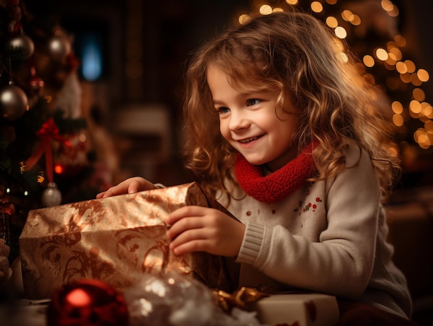 Foto ein süßes kleines mädchen sitzt unter dem weihnachtsbaum und öffnet ihre weihnachtengeschenke