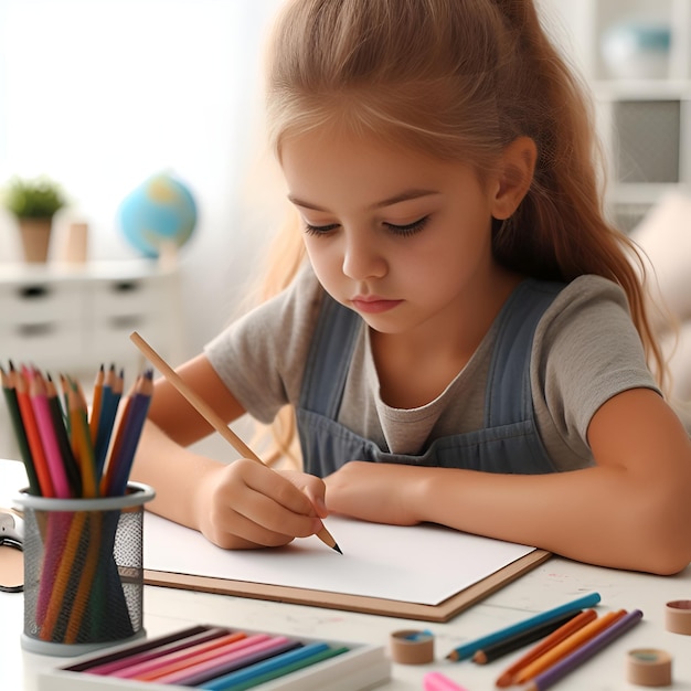 Ein süßes kleines Mädchen zeichnet auf weißem Papier mit farbigen Bleistiften, während es am Tisch sitzt.