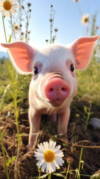 Foto ein süßes kleines schweinchen steht auf einem feld von gänseblümchen