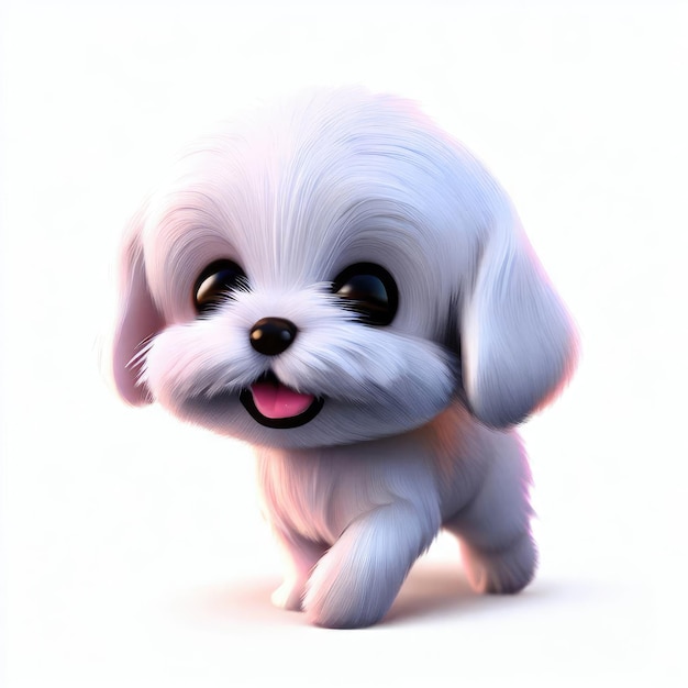 Ein süßes Lächeln, ein kleiner maltesischer Hund, ein kawaii-Charakter, ein realistisches Jungtier.