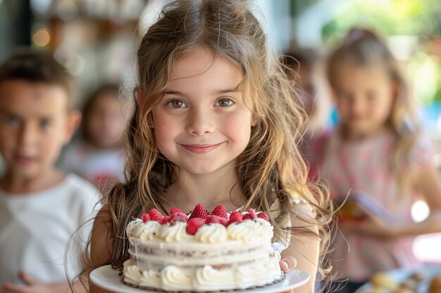 ein süßes, lächelndes kleines Mädchen hält bei einer lustigen Party mit Freunden einen cremigen Geburtstagskuchen
