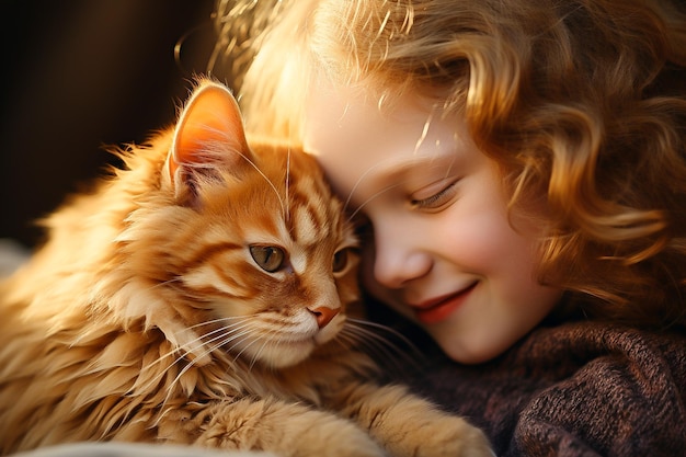 Ein süßes Mädchen mit roten Haaren umarmt eine rote Katze