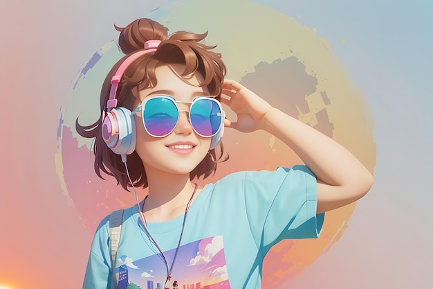 Ein süßes Mädchen mit schöner Sonnenbrille, das Musik mit Kopfhörern genießt, Illustrator