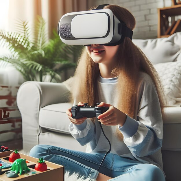 Ein süßes Mädchen zu Hause mit virtueller Realität, um ein Spiel zu spielen