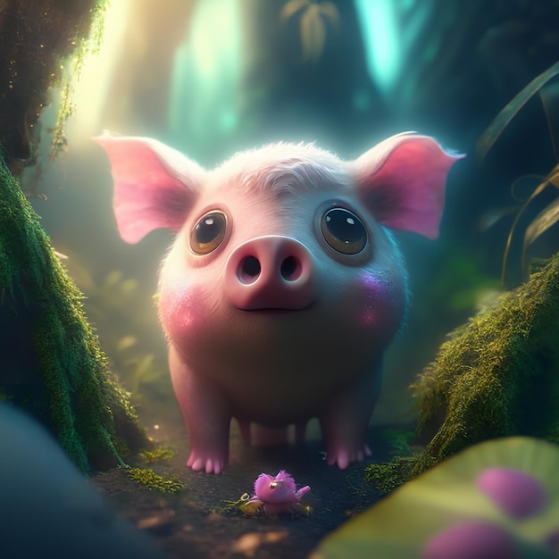 Ein süßes majestätisches Schwein ist in einem Wald mit einer Blume auf dem Kopf, generative KI