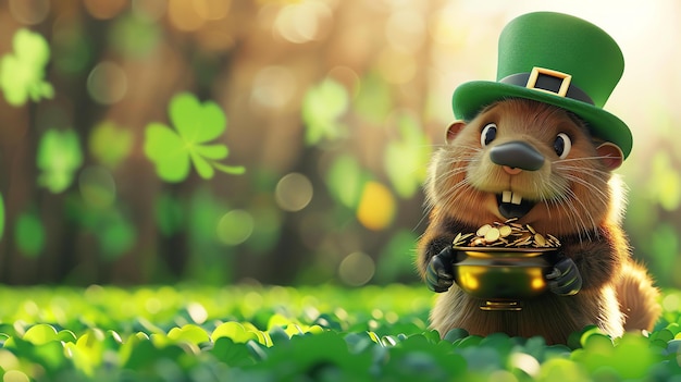 Ein süßes Murmeltier trägt einen grünen Hut und hält einen Topf mit Goldmünzen. Es steht in einem Feld mit grünen Klee.