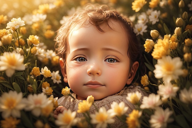 ein süßes neugeborenes Kindergesicht mit Frühlingsblumen ai generativ