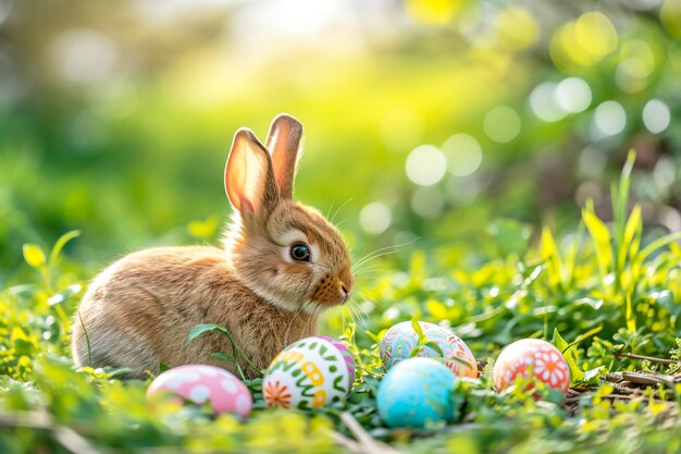 Ein süßes Osterhase im sonnigen Garten mit dekorierten bunten Eiern