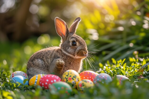 Ein süßes Osterhase im sonnigen Garten mit dekorierten bunten Eiern