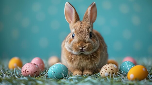 Ein süßes Osterhase im sonnigen Garten mit geschmückten Eiern