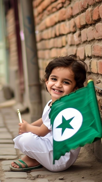 Ein süßes pakistanisches Kind mit pakistanischer Flagge