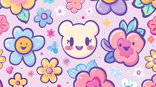 Ein süßes und farbenfrohes nahtloses Muster mit verschiedenen Blumen und glücklichen Zeichentrickfiguren