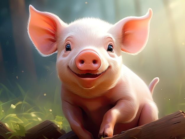Ein süßes und glückliches Schwein mit weit geöffneten Augen im Cartoon-Stil