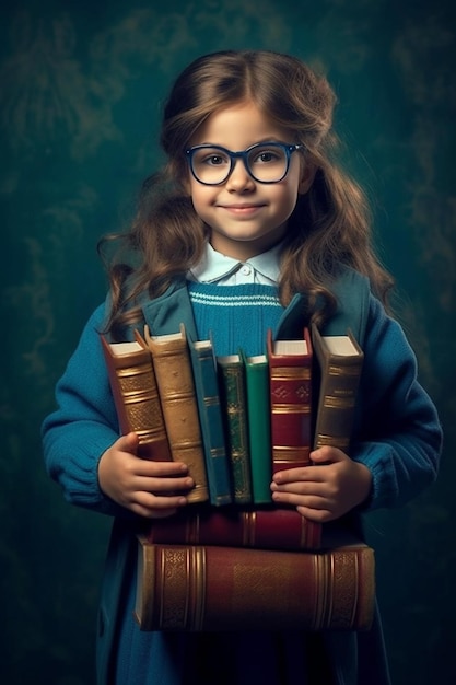 Ein süßes und intelligentes Mädchen mit Brille hält einen Stapel Bücher, die von KI generiert wurden
