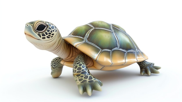 Ein süßes und realistisches 3D-Rendering einer grünen Meeresschildkröte Die Schildkröten hat einen freundlichen Gesichtsausdruck und schaut den Zuschauer an