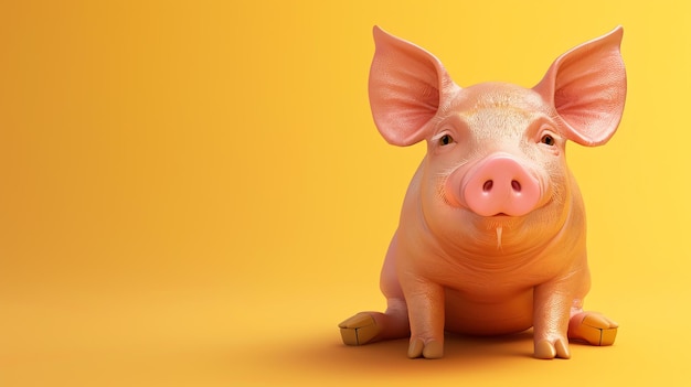Foto ein süßes und realistisches 3d-rendering eines schweins, das auf einem gelben hintergrund sitzt. das schwein hat ein hellrosa fell, eine schwarze nase und braune augen.