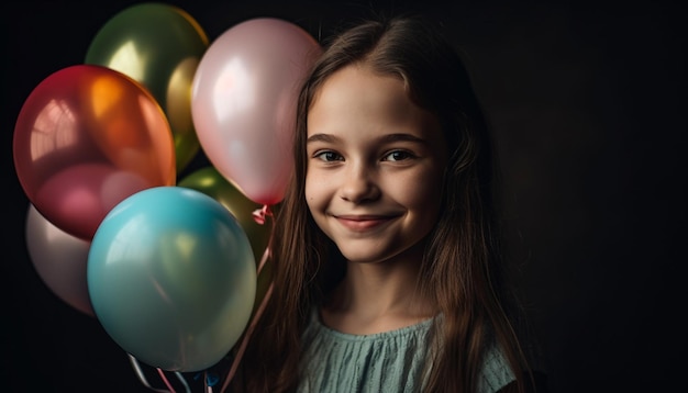 Ein süßes Vorschulkind hält einen Haufen Luftballons, die von der KI generiert wurden