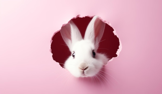 Ein süßes weißes Kaninchen kommt aus einem Loch in einer hellrosa Wand heraus