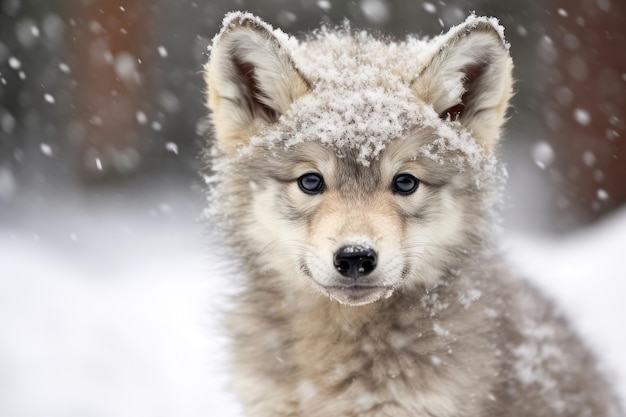 Ein süßes Wolfsbaby im Winterschnee. Generative KI