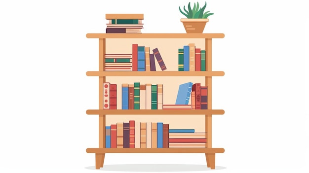 Ein süßes Zeichentrickfilm-Stil eines einfachen modernen Bücherregals mit ordentlich angeordneten Büchern und Dekorationen