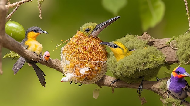 Ein Sunbird Nectarinia jugularis Weibchen mit einem Schnabel voller Nahrung füttert vorsichtig ihr neu geschlüpftes Kind