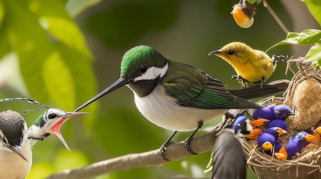 Ein Sunbird Nectarinia jugularis Weibchen mit einem Schnabel voller Nahrung füttert vorsichtig ihr neu geschlüpftes Kind