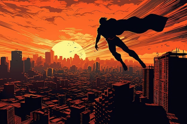 Ein Superheld, der bei Sonnenuntergang über der Skyline einer Stadt fliegt