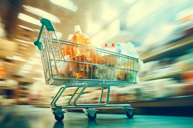 Ein Supermarkt mit verschwommenen Produktregalen und einem leeren Einkaufswagen auf einem Holztisch