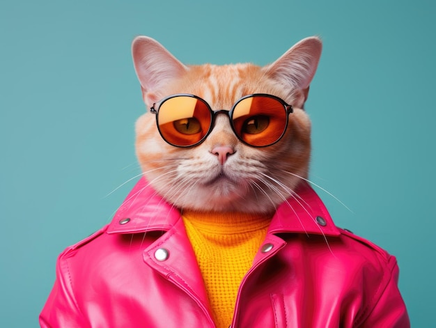 Ein Superstar-Porträtfoto einer süßen, anthropomorphen Katze in leuchtenden Farben