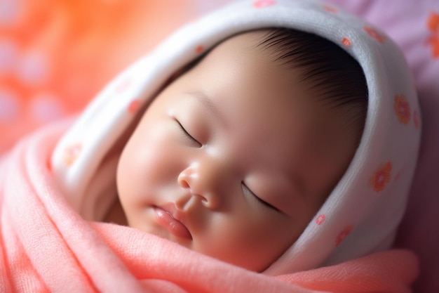 Ein supersüßes chinesisches Baby, eingewickelt in ein Pucktuch, das mit geschlossenen Augen schläft, sanfte Beleuchtung, heller Hintergrund, ruhig und schön