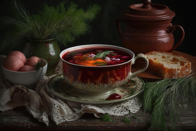 Ein Suppenstillleben mit einer Tasse russischer Suppe
