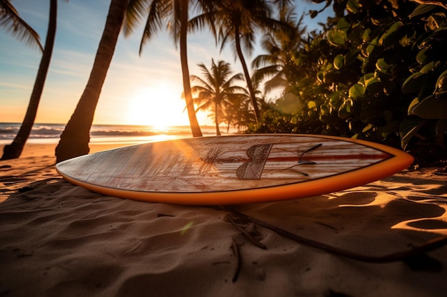 Ein Surfbrett an einem Strand mit Palmen und der Sonne im Hintergrund