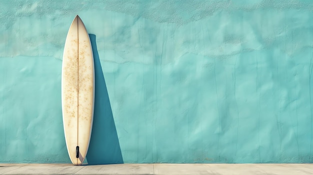 Foto ein surfbrett steht an einer blauen wand. das surfbretter ist gelb und weiß und die wand ist hellblau.