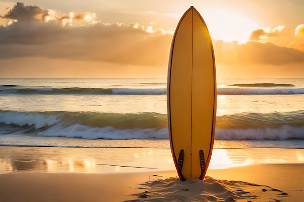 Ein Surfbrett steht im Sand an einem Strand, dahinter geht die Sonne unter.