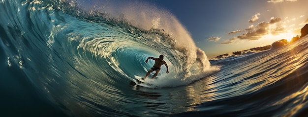 Ein Surfer fährt an einem sonnigen Tag auf einer Welle im Ozean