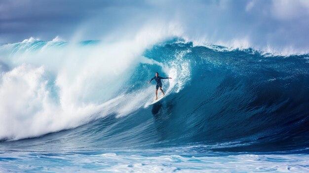 Ein Surfer fährt auf einer Welle vor der Sonne