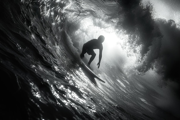 Ein Surfer fährt auf einer Welle vor der Sonne