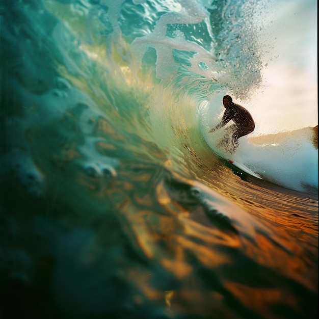 Ein Surfer fährt vor der Sonne auf einer Welle