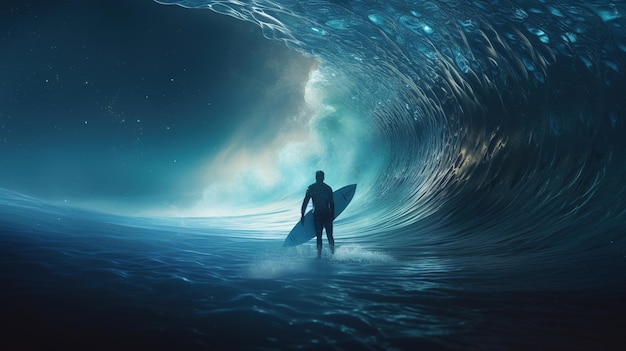 Ein Surfer steht vor einer Welle, die im Begriff ist, ins Meer hinauszugehen.