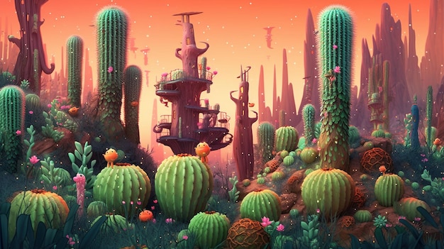 Ein surrealer Wald mit Bäumen aus Kakteen. Fantasiekonzept Illustrationsmalerei Generative KI